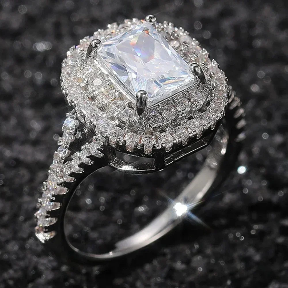💥DOUBLE LAYER 14K WHITE GOLD RADIANT CUT PURE CZ LUXURY WEDDING RING, K856